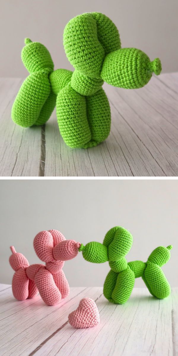 crocheted toy poodles sitting on top of a wooden table next to each other