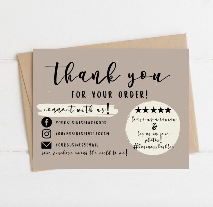 a thank card with the words, thank you for your order written in black ink