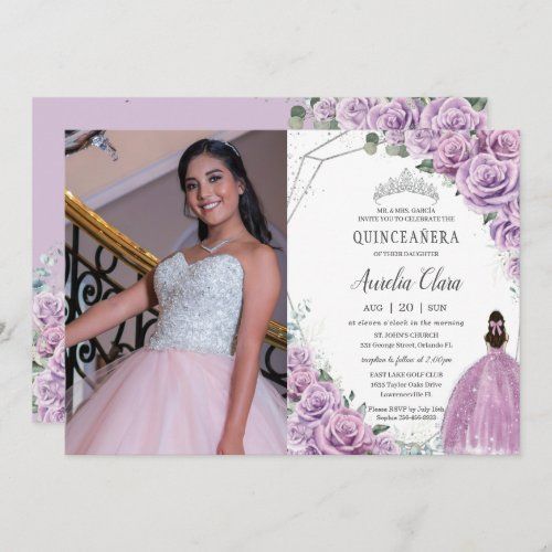 Quinceañera Purple Floral Princess Silver Birthday #elegantgirlyquinceanerainvite #misquince15anostemplate #silverglitterprincesscrowntiara #sweetsixteen1616thbirthday #brownhairgirlbrunettefair #sparklylilacballgowndress #purplemauvefloralrosesflowers #lavenderfloraldiamondgeometricmodern #quinceanera15thbirthdayphoto #mexicanspanishlatinpictureinvites Quinceañera Purple, Lilac Ball Gown, Quinceañera Invitations, Picture Invitations, Quince Invitations, Silver Invitation, Silver Birthday, Girl With Brown Hair, 16 Birthday