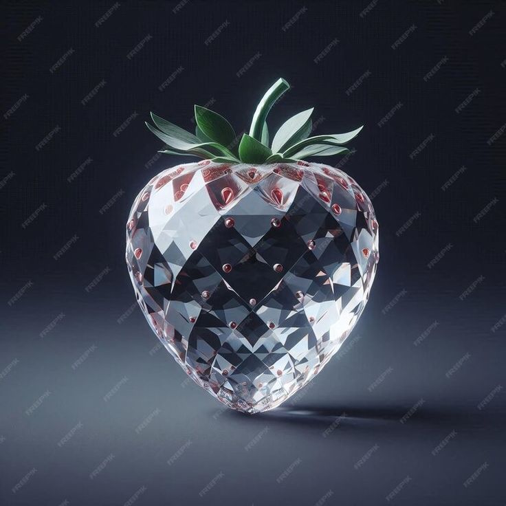 a crystal strawberry with green leaves on it's top and black background, in the shape of a heart