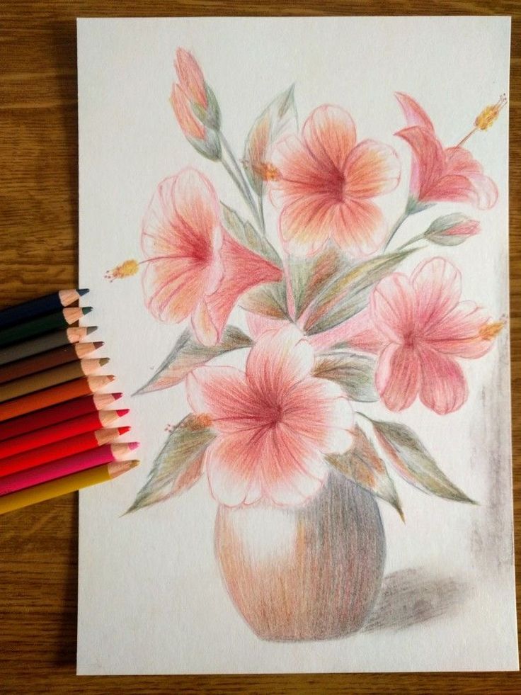 colored pencils are next to a drawing of flowers in a vase on a table