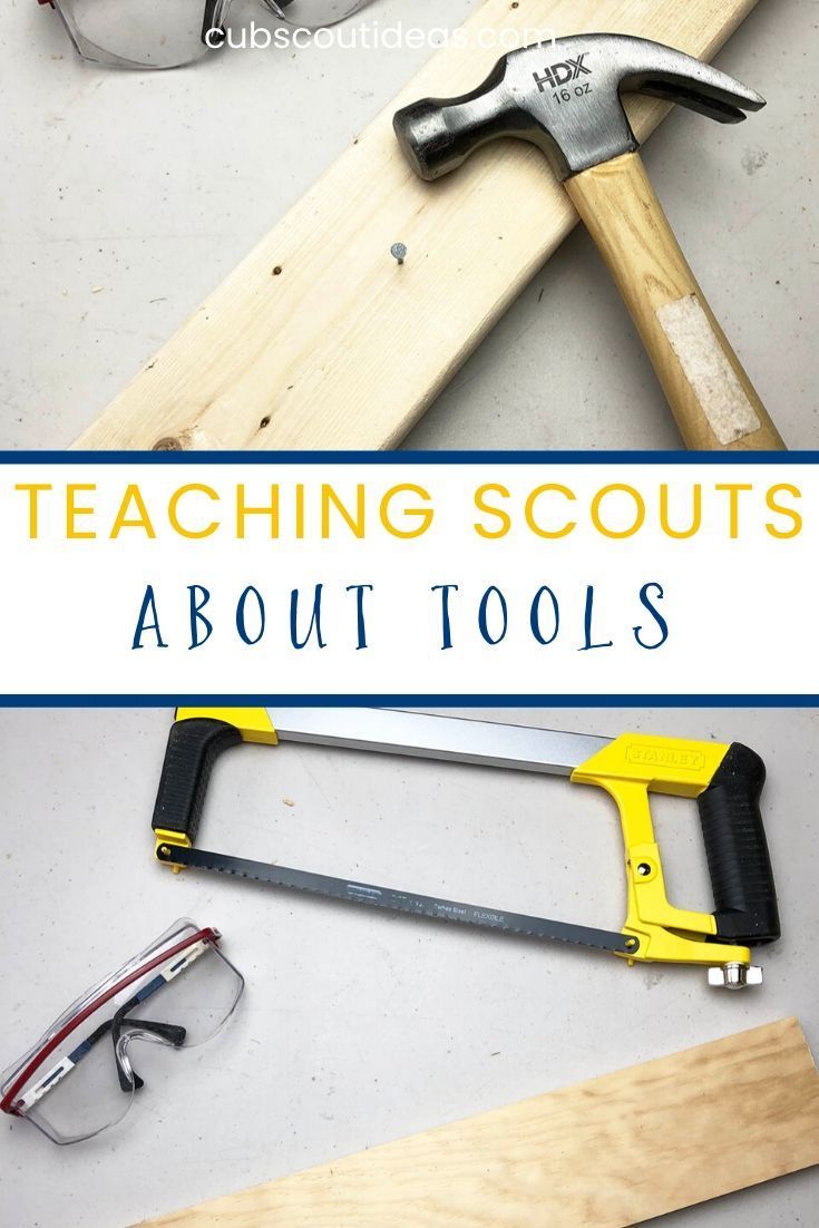 the tools needed to make this diy wooden scooter are shown with text overlay that reads teaching scouts about tools