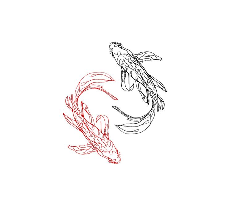 two koi fish swimming side by side on a white background in red and black ink