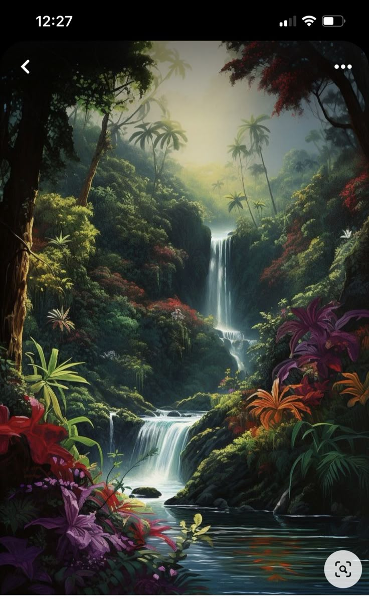 a painting of a waterfall in the jungle