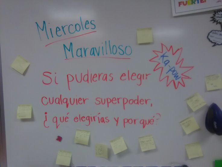 a white board with notes and magnets on it that read mercoles marvavillloso