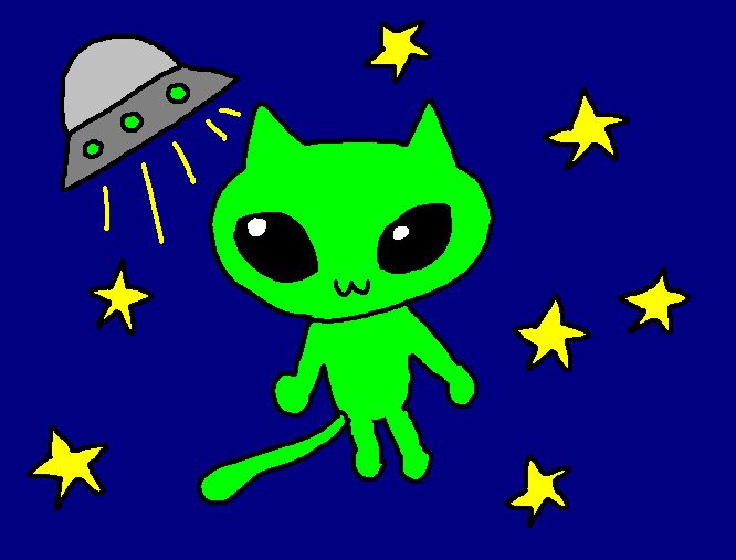 an alien cat is flying through the sky with stars around it and a spaceship in the background