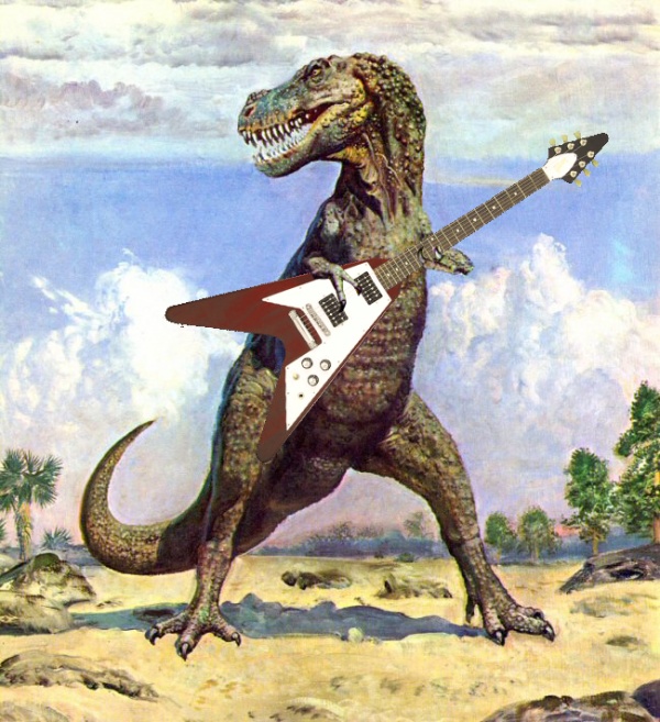 an artist's rendering of a dinosaur with a guitar in its mouth and on the neck