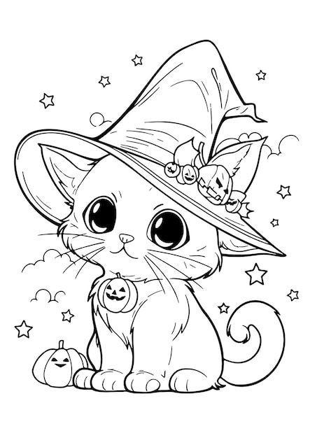 a cartoon cat wearing a witches hat with stars and pumpkins on it's head