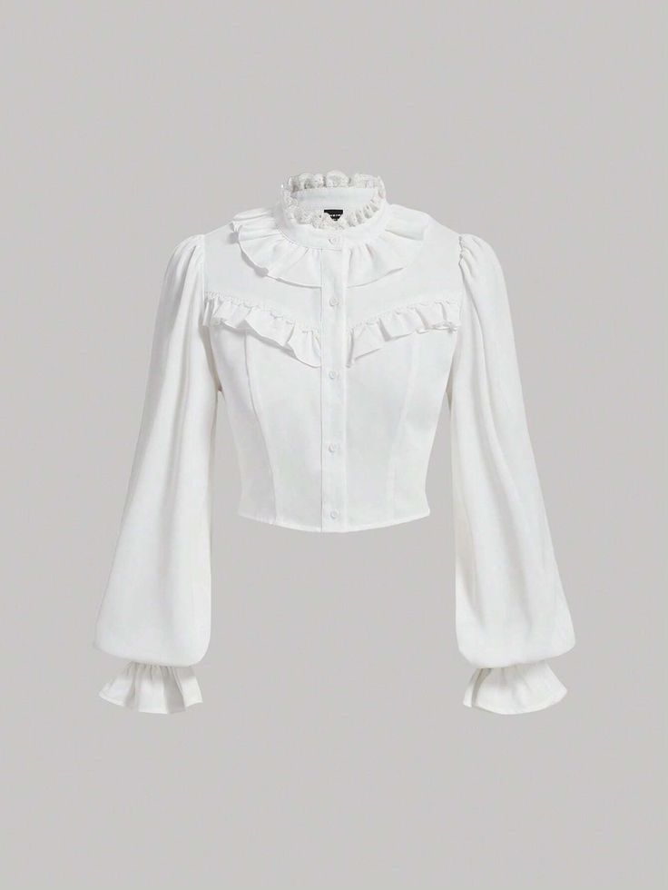 SHEIN MOD Ruffle Trim Flounce Sleeve Crop Blouse | SHEIN EUQS White Puffy Sleeve Top, Masquerade Gowns, Puffy Sleeves Top, Ruffle Shirts Blouses, Puffy Shirt, Puffy Sleeves Blouse, Ruffle Long Sleeve Blouse, White Ruffle Top, Long Sleeve Ruffle Dress