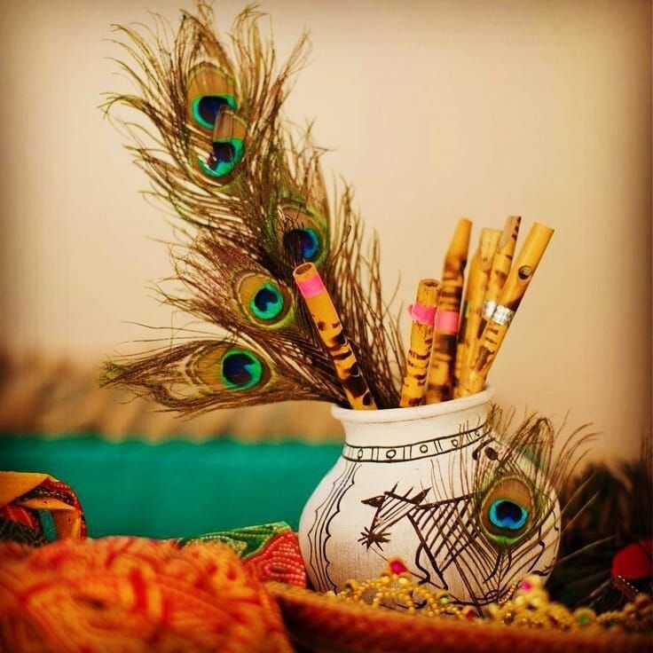 peacock feathers are arranged in a vase on a table