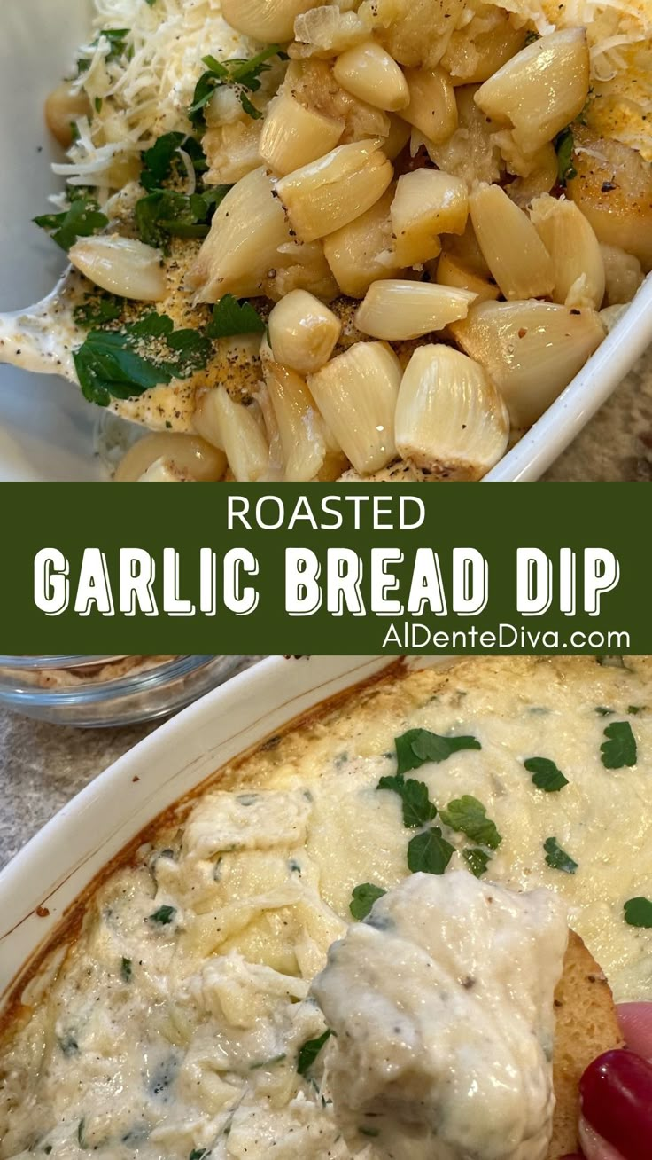 garlic bread dip in a white casserole dish