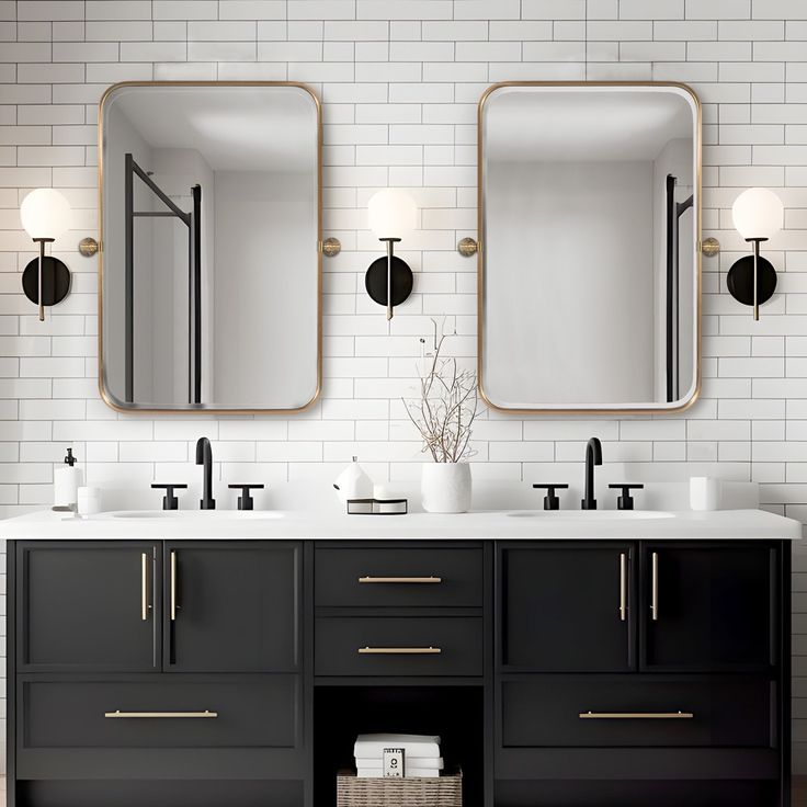 a bathroom with two sinks, mirrors and lights on the wall above them is shown