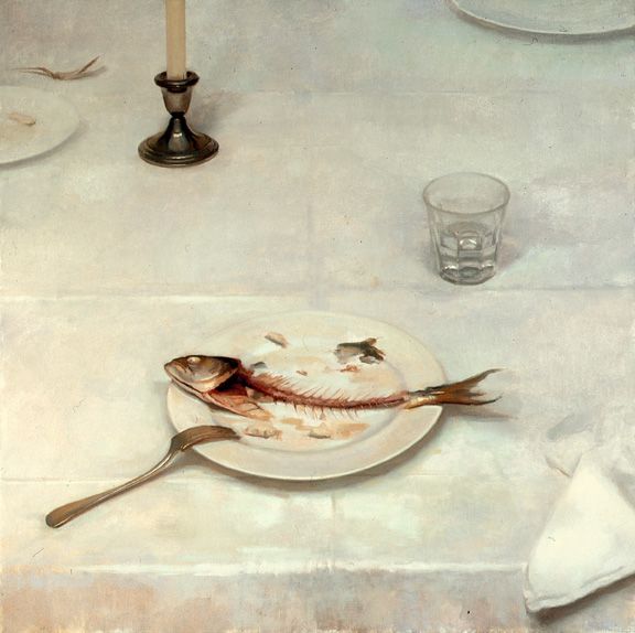 a painting of a fish on a plate next to a candle and some silverware