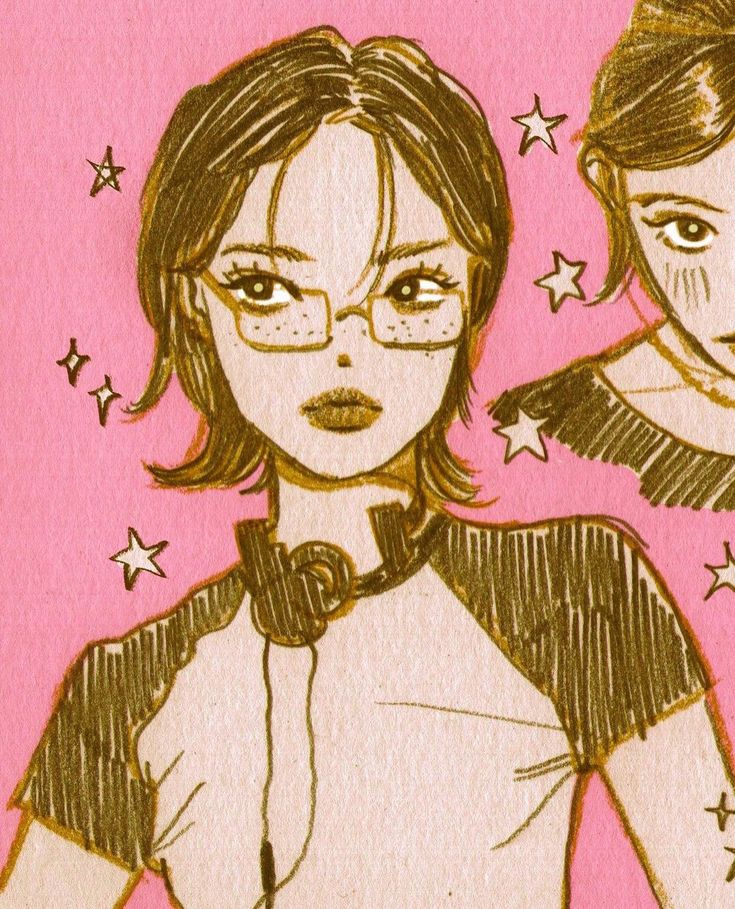 a drawing of two women with glasses and stars on their faces in front of a pink background