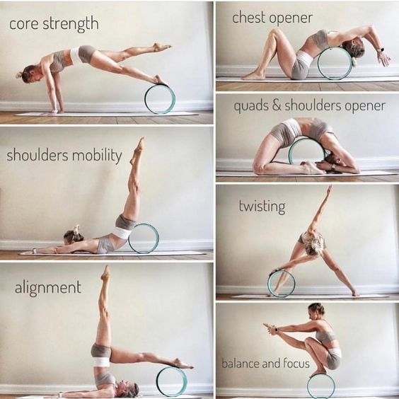 the woman is doing yoga exercises with her arms and legs in different positions while holding a tennis racquet