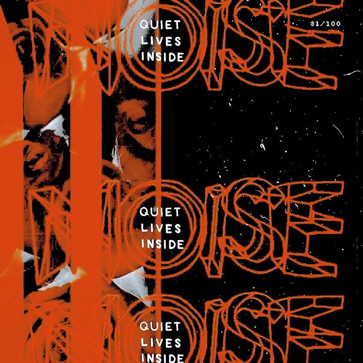 an orange and black poster with the words quiet noise inside on it's side