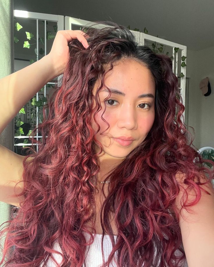 sometimes i think im over my red hair color.. but then after styling it im like wait nvm this is actually fireee 🤭❤️‍🔥 #redhair #haircolor #redhaircolor #wavyhair #curlyhair Cherry Red Hair Curly Highlights, Wavy Hair Color, Wine Red Hair On Curly Hair, Wavy Hair With Red Highlights, Red Highlights Wavy Hair, Red Highlights Curly Hair, Wine Red Curly Hair Dyed, Red Wavy Hair, Red Hair Wavy