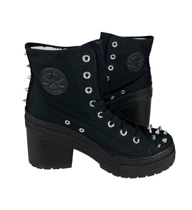 One pair of new without box unisex adult Converse Chuck 70 De Luxe Heel Hi Studded Boot (A08103C). The color is black, and the size is woemn's US 10 (fits men's US 8) (UK 8, EUR 41.5, CM 26.5). Specifications: High heel  Studded accents High top Canvas material upper Converse Chuck Taylor All Star logo on inner ankle and back heel  Shipping: We ship all items within 24 hours excluding weekends and federally recognized holidays. Returns: We accept domestic returns for this item within 30 days. New items returned in used condition will not be accepted. Questions? Feel free to message us. We will return your message promptly. Looking for more discounted brand names? Shop our store! Heels Converse, Chuck 70 De Luxe Heel, Converse Platform, Rockstar Aesthetic, New Converse, Converse Chuck 70, Studded Boots, Star Logo, Chuck 70