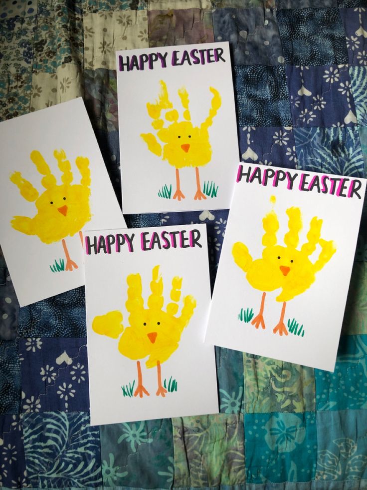 three cards with handprints on them that say happy easter