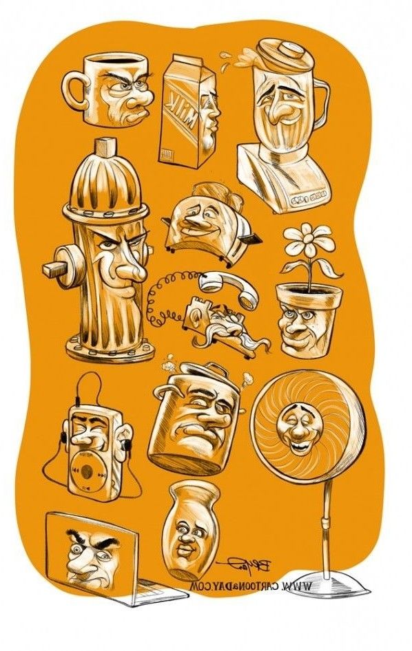 an orange poster with various cartoon faces on it