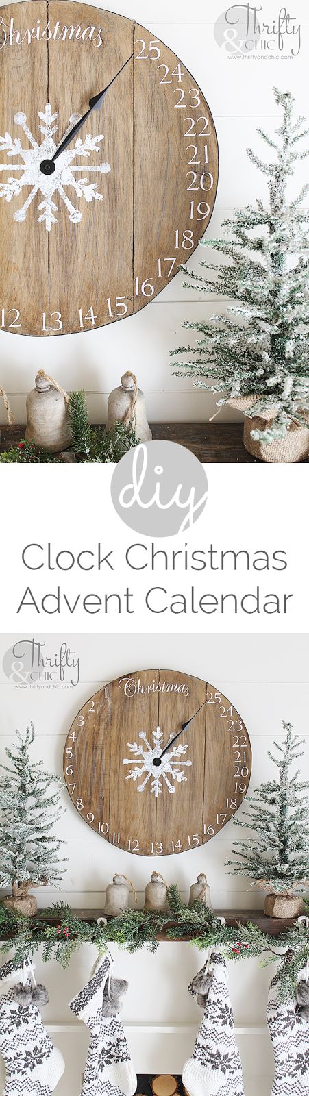 a wooden clock sitting on top of a mantle next to christmas trees and other decorations