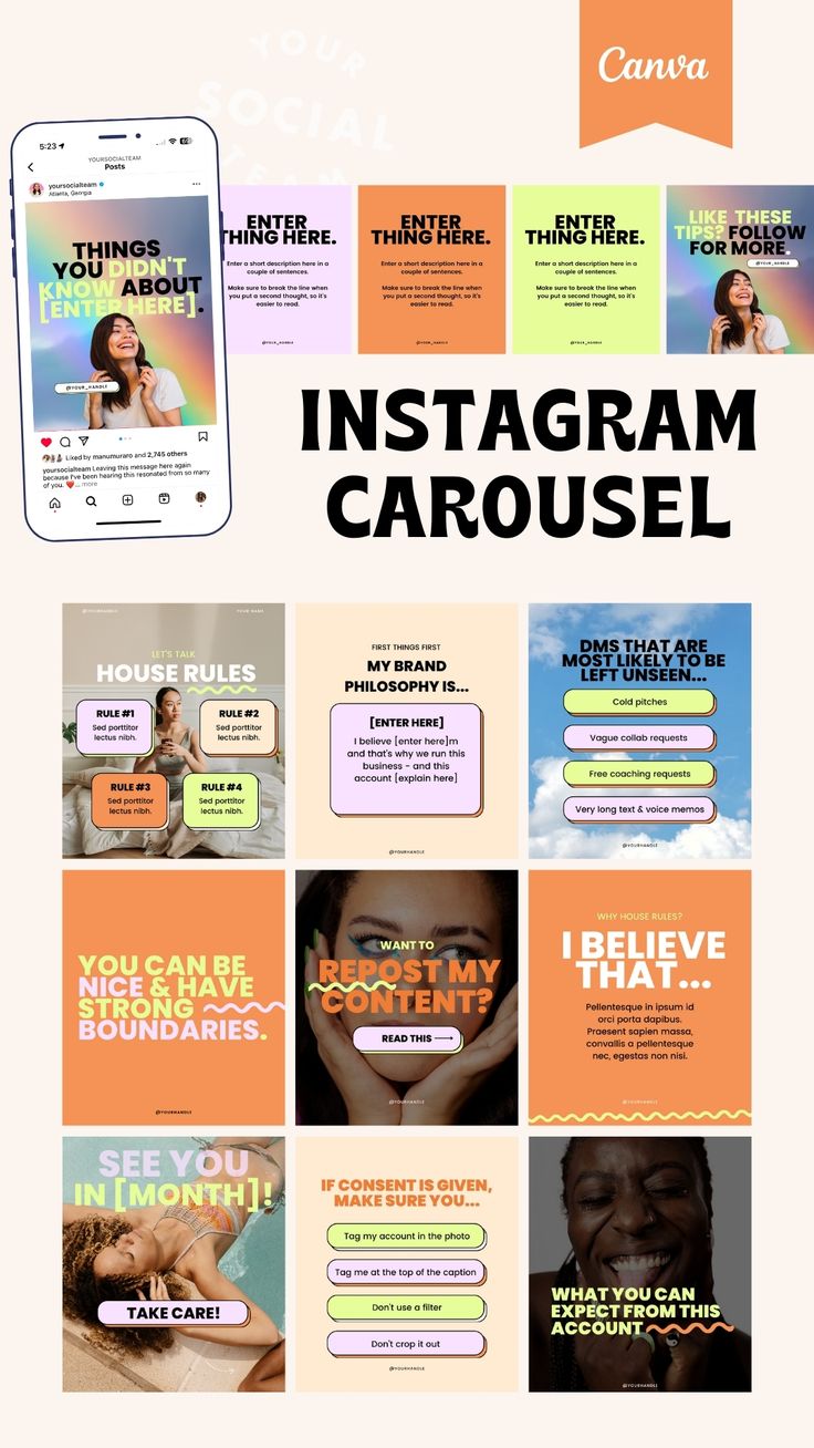 the instagramm carousel is shown with multiple images and captions on it, as well as text