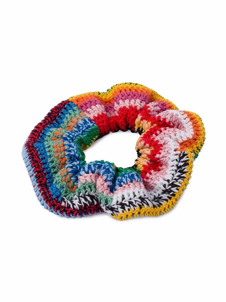 multicolored crocheted scrunffle on white background