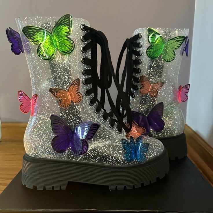 Club Exx Terrarium Butterfly Boots Size: 8 Materials: Synthetic Upper Rubber Sole Heel Height: 1.5” Platform Height: 1.25” Multicolor Synthetic Boots For Party, Multicolor High-top Party Boots, Multicolor Synthetic Party Boots, Multicolor Platform Boots With Round Toe, Purple High-top Platform Boots, Purple Platform Boots With Round Toe, Purple Lace-up Party Boots, Purple Round Toe Boots For Spring, Purple Lace-up Boots For Spring