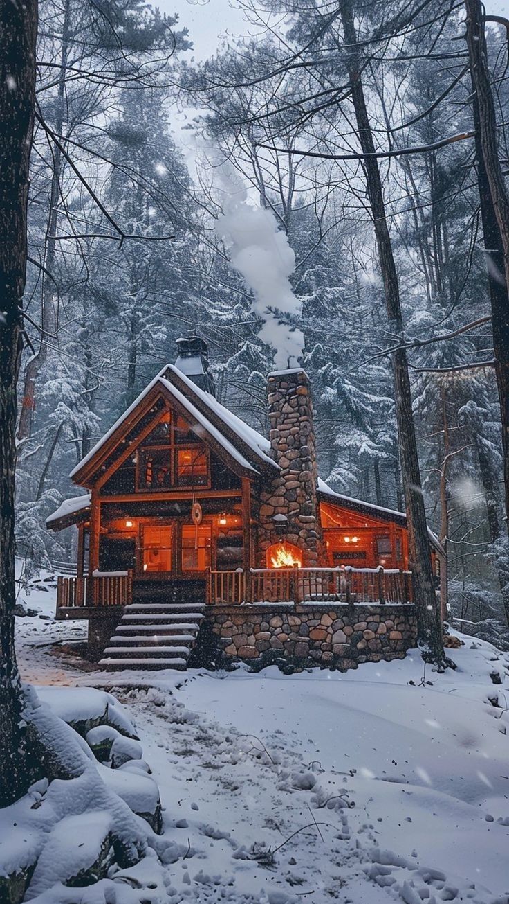 a cabin in the woods is lit up at night with snow on the ground and trees