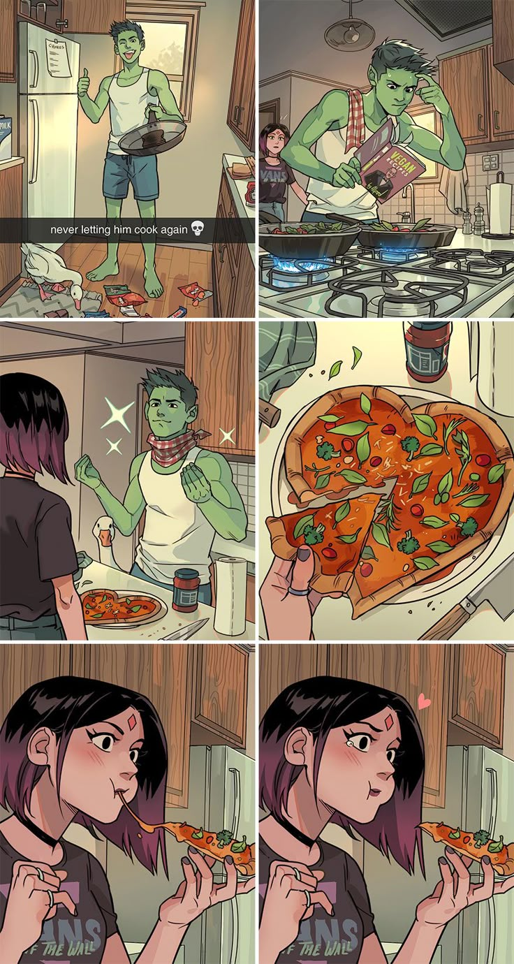 the comics are showing people eating pizza in their kitchen and talking to each other about what they're doing