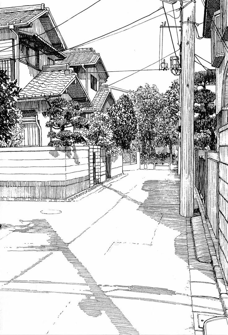 a black and white drawing of a street with houses on both sides, trees in the background