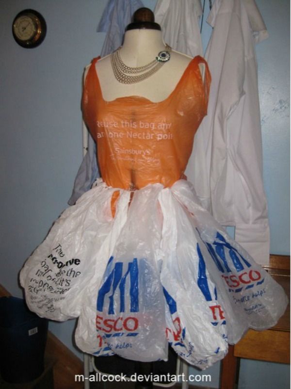 a mannequin with plastic bags in front of it