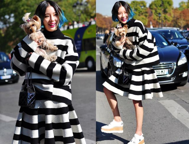 two women in black and white striped dresses holding small dogs while walking down the street