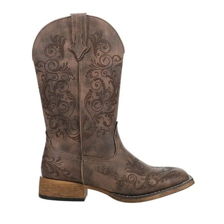 Embrace the perfect blend of style and comfort with the Bailey Laser cowboy boot, featuring a padded lining and an intricate all-over western laser design. Size: 8.  Color: Brown.  Gender: female.  Age Group: adult. Cowboy Casual, Cowboy Ankle Boots, Laser Design, Faux Leather Fabric, Cowboy Boot, 4 Inch Heels, Calf Boots, Brown Shoe, Mid Calf Boots