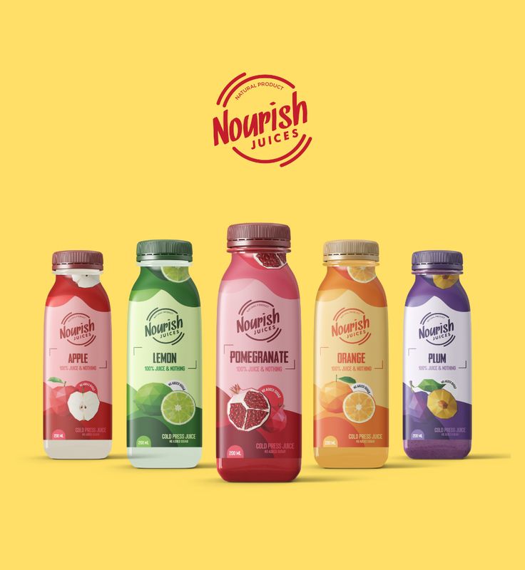 six bottles of juice with the words nourish on them