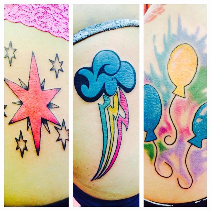 three different tattoos on the back of women's butts, one with stars and clouds