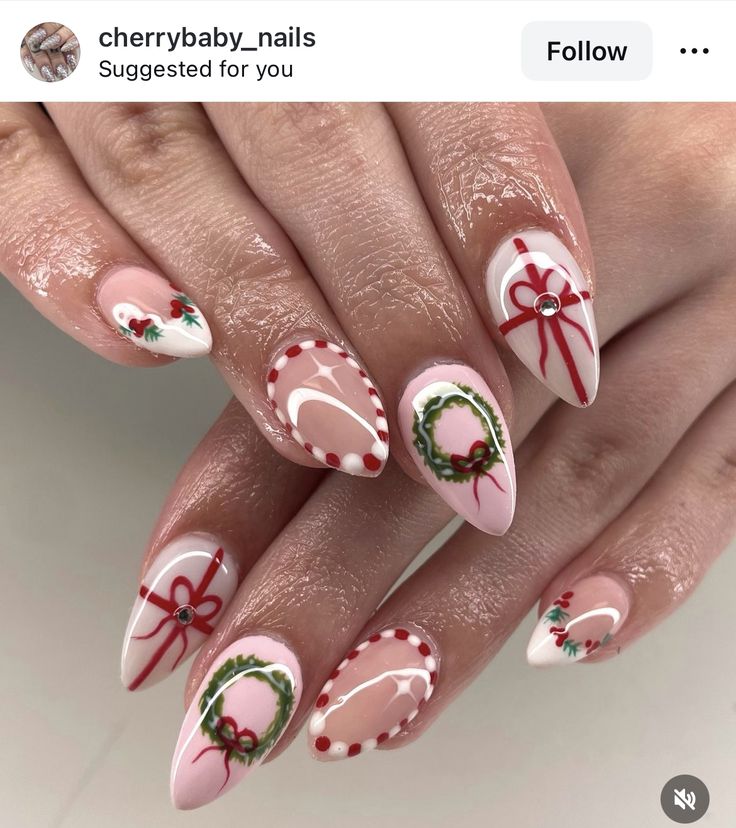 Cute Christmas Almond Nails, Ornament Christmas Nails, Xmas Short Nails Designs, Betty Boop Christmas Nails, Pink Almond Christmas Nails, Ugly Duck Nails, Almond Xmas Nails, Christmas Duck Nails, Short Nail Inspo Pink