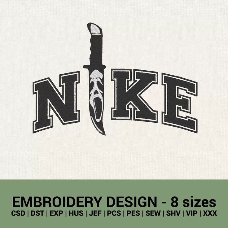 embroidery design 8 sizes with the words n k e and an image of a knife