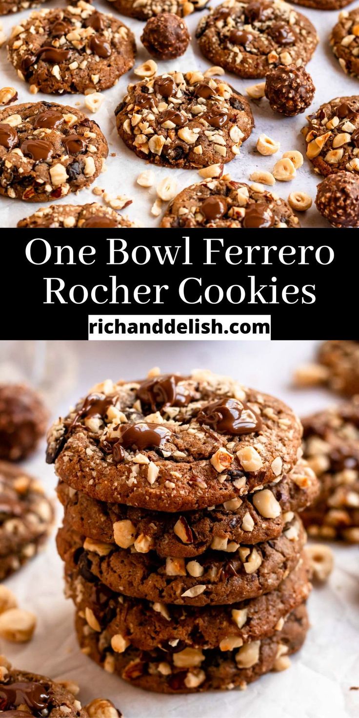 one bowl ferero rocher cookies are stacked on top of each other with nuts