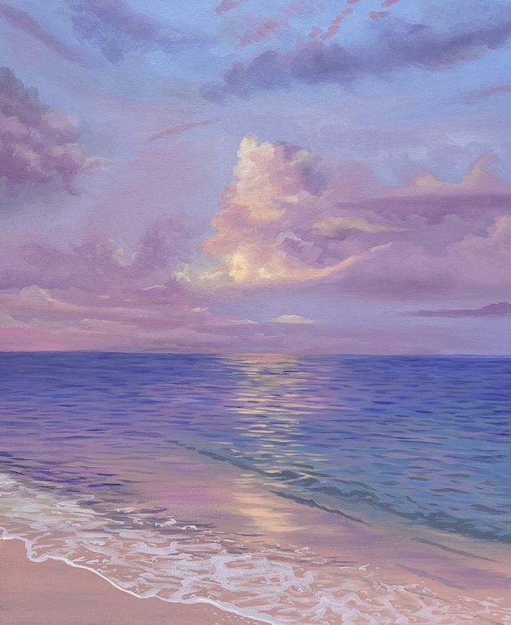 an oil painting of the ocean at sunset