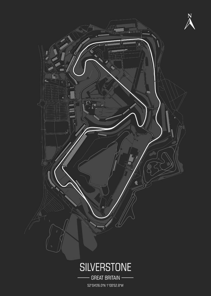 a black and white image of a race track with the words silverstone on it