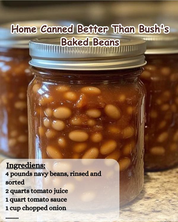 three jars filled with baked beans sitting on top of a counter