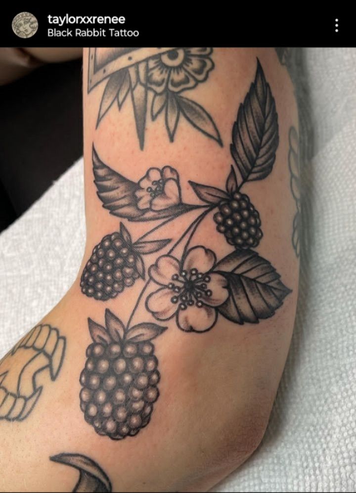 blackberries and leaves tattoo on the foot