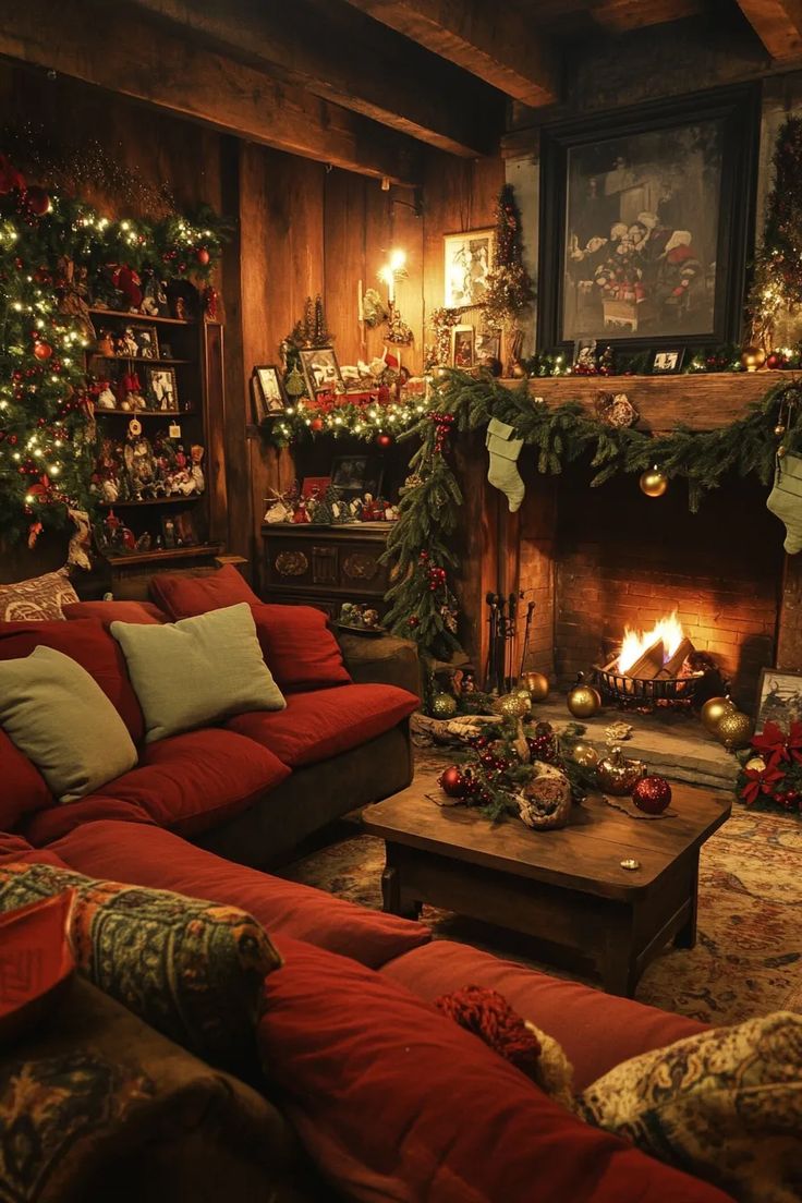 Cozy rustic living room with rustic Christmas color palette featuring muted reds greens and golds Christmas Color Schemes, Christmas Color Palette, Winter Retreat, Christmas Color, Christmas Living Rooms, Cozy Atmosphere, Rustic Christmas, Color Pallets, Christmas Design