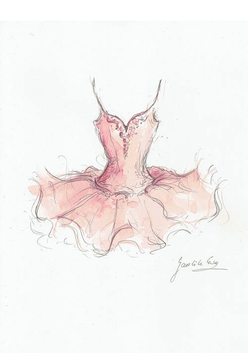 a drawing of a ballerina's dress in pink watercolor and pencil on paper