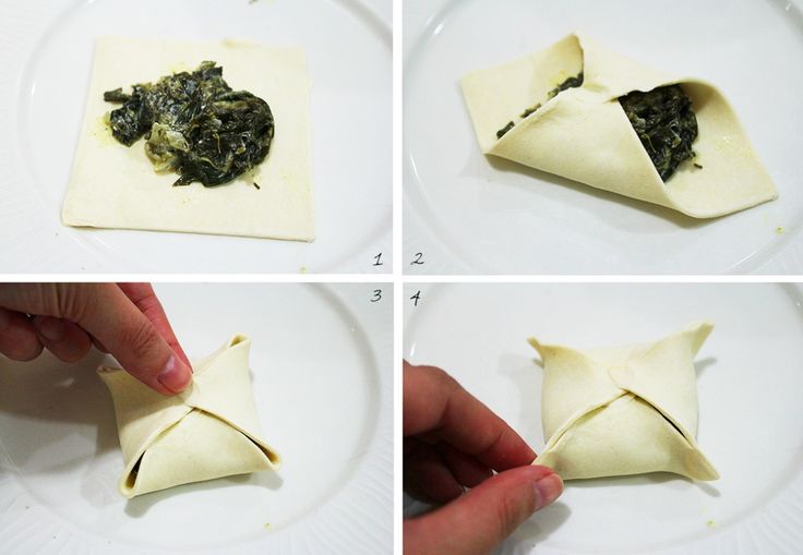 four pictures show how to fold up food in small pieces, including spinach and cheese