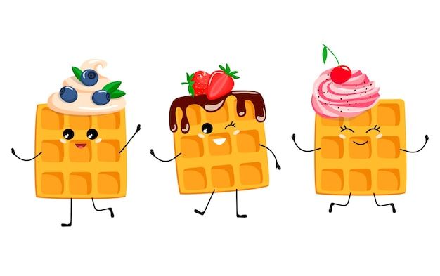 three waffles with different toppings and faces