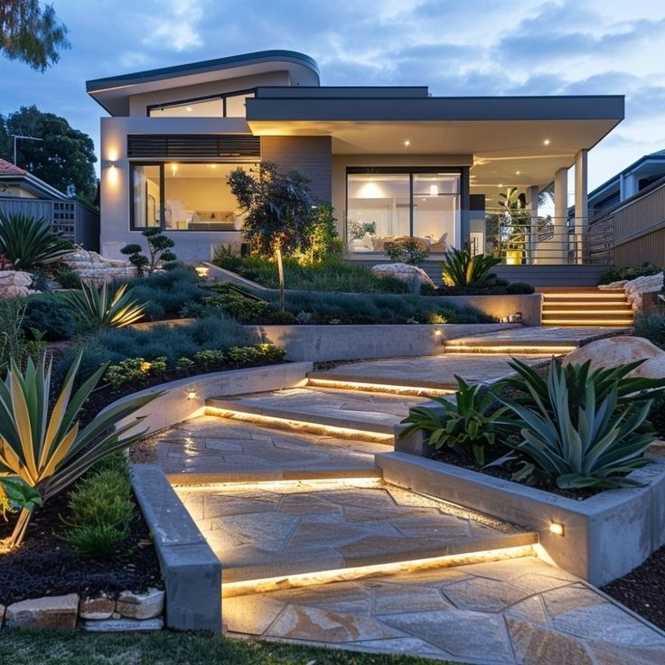 a modern house with steps lit up in the garden and landscaping area at night time