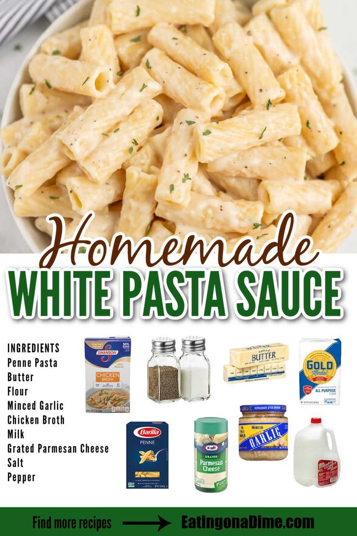 homemade white pasta sauce in a bowl with the ingredients labeled below it and text overlay that reads homemade white pasta sauce