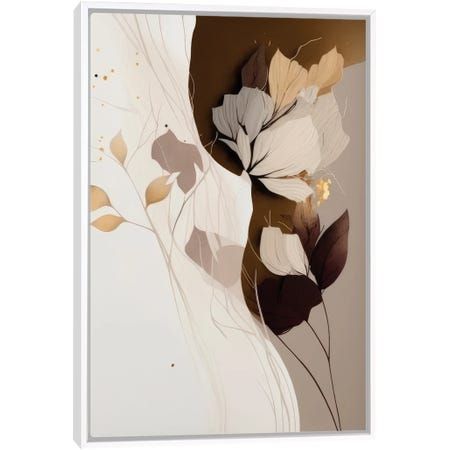 an abstract painting with gold and white leaves on the bottom, against a neutral background